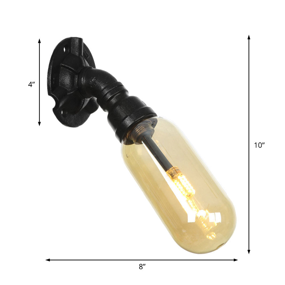 Industrial Black Metal Sconce Lamp With Amber Glass Bulb - Wall Mounted Indoor Light