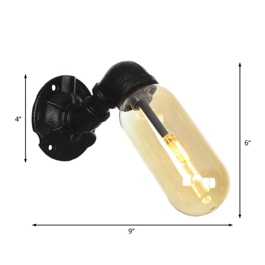 Industrial Black Metal Sconce Lamp With Amber Glass Bulb - Wall Mounted Indoor Light