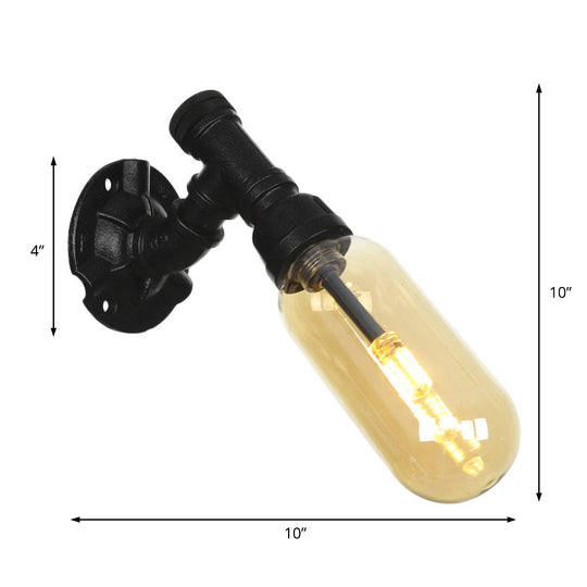 Industrial Black Metal Sconce Lamp With Amber Glass Bulb - Wall Mounted Indoor Light