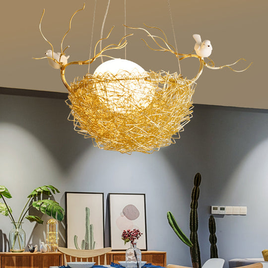 Art Deco Gold Nest Pendant Light With 2 Birds - Elegant Metal Ceiling For Restaurants