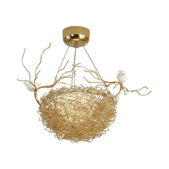 Art Deco Gold Nest Pendant Light With 2 Birds - Elegant Metal Ceiling For Restaurants