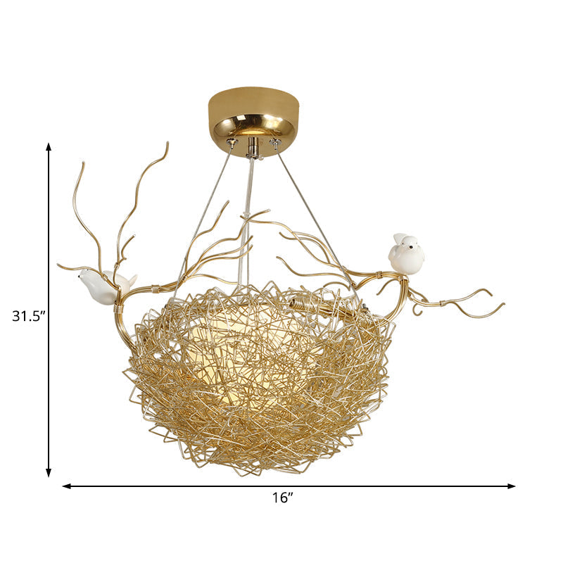 Suspension Art Déco en forme de nid doré avec 2 oiseaux - Plafonnier suspendu en métal pour restaurants