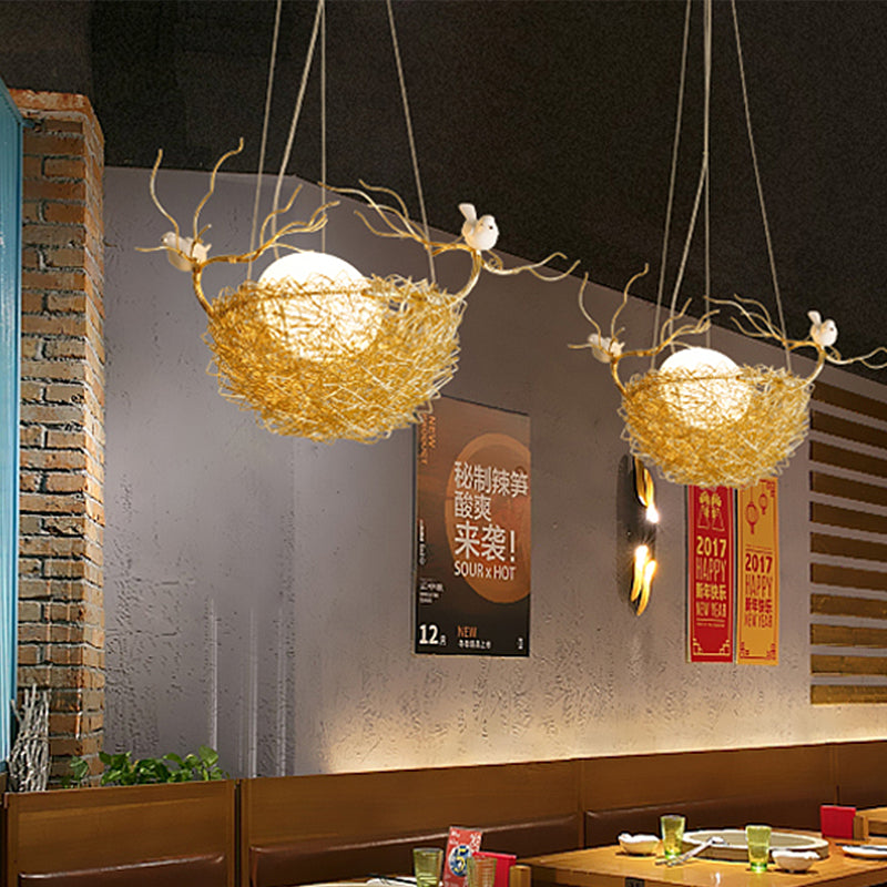 Art Deco Gold Nest Pendant Light With 2 Birds - Elegant Metal Ceiling For Restaurants