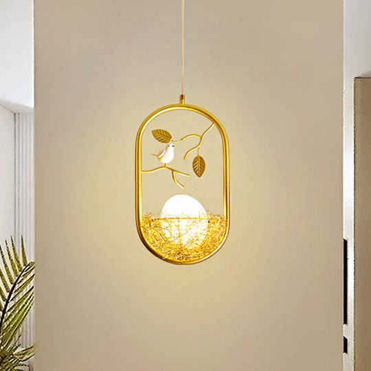 Art Deco Brass Nest Pendant Light - 1-Light Metal Suspension With Multiple Frame Options: Ring Oval