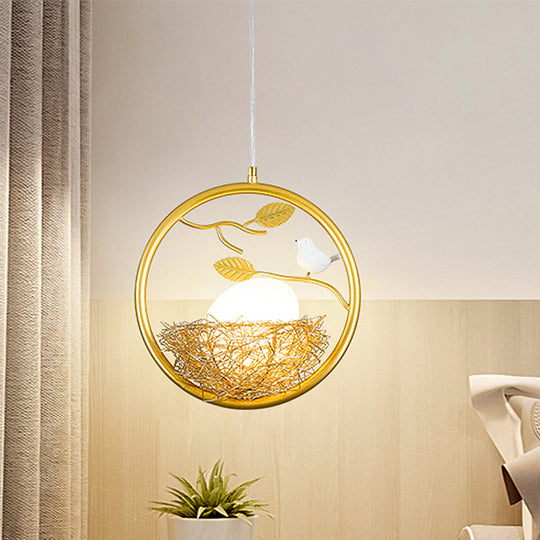 Art Deco Brass Nest Pendant Light - 1-Light Metal Suspension With Multiple Frame Options: Ring Oval