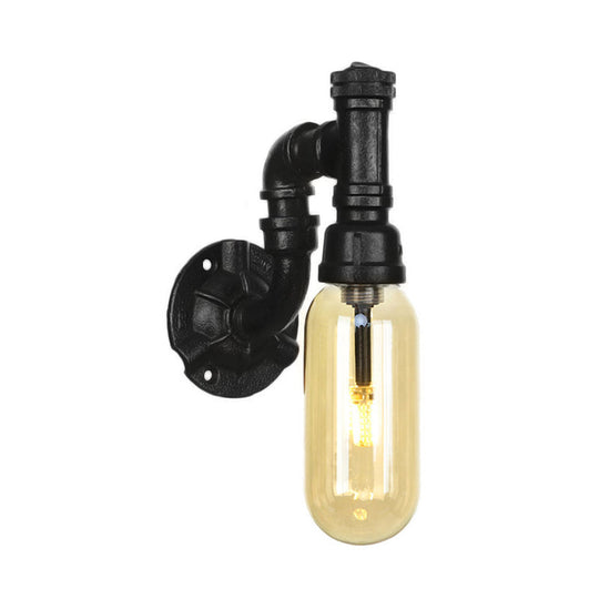 Industrial Amber Glass Wall Sconce With Pipe Design - Black