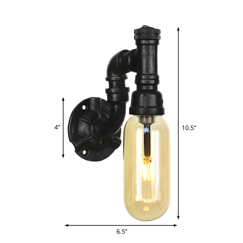 Industrial Amber Glass Wall Sconce With Pipe Design - Black