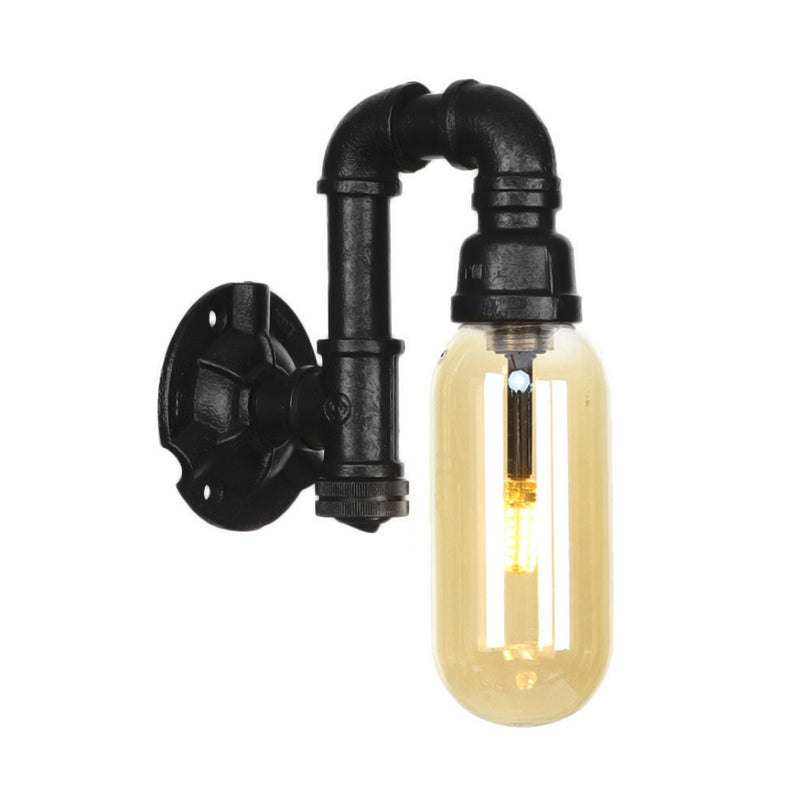 Industrial Amber Glass Wall Sconce With Pipe Design - Black