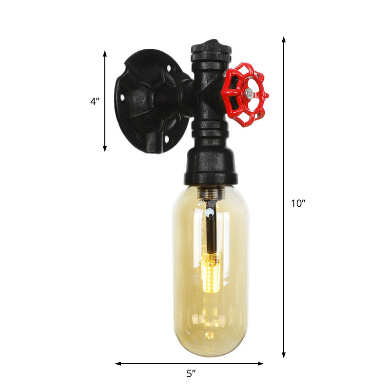 Industrial Amber Glass Wall Sconce With Pipe Design - Black