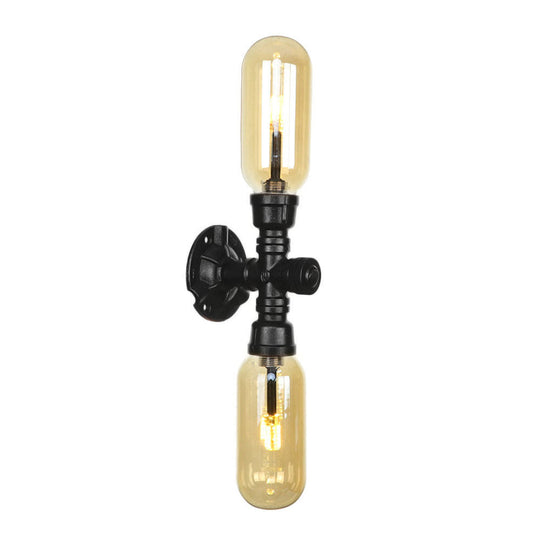 Industrial Dining Room Wall Sconce Lighting Fixture In Black - Amber Glass Capsule With Pipe Design