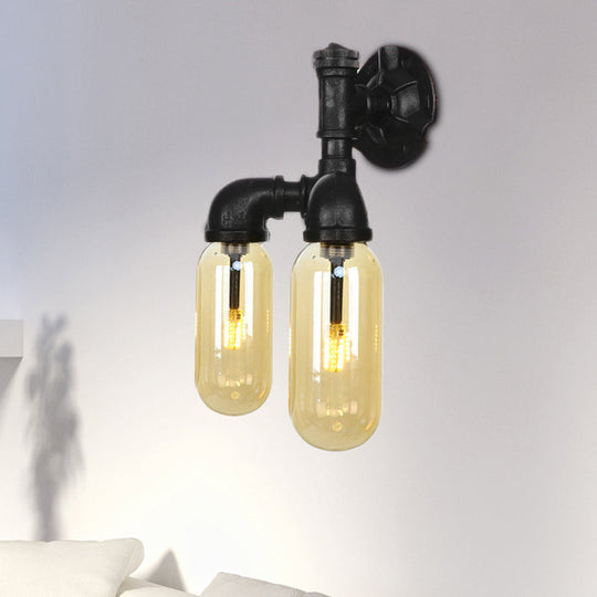 Industrial Amber Glass Black Sconce Light - Wall Mounted Pipe For Living Room / A