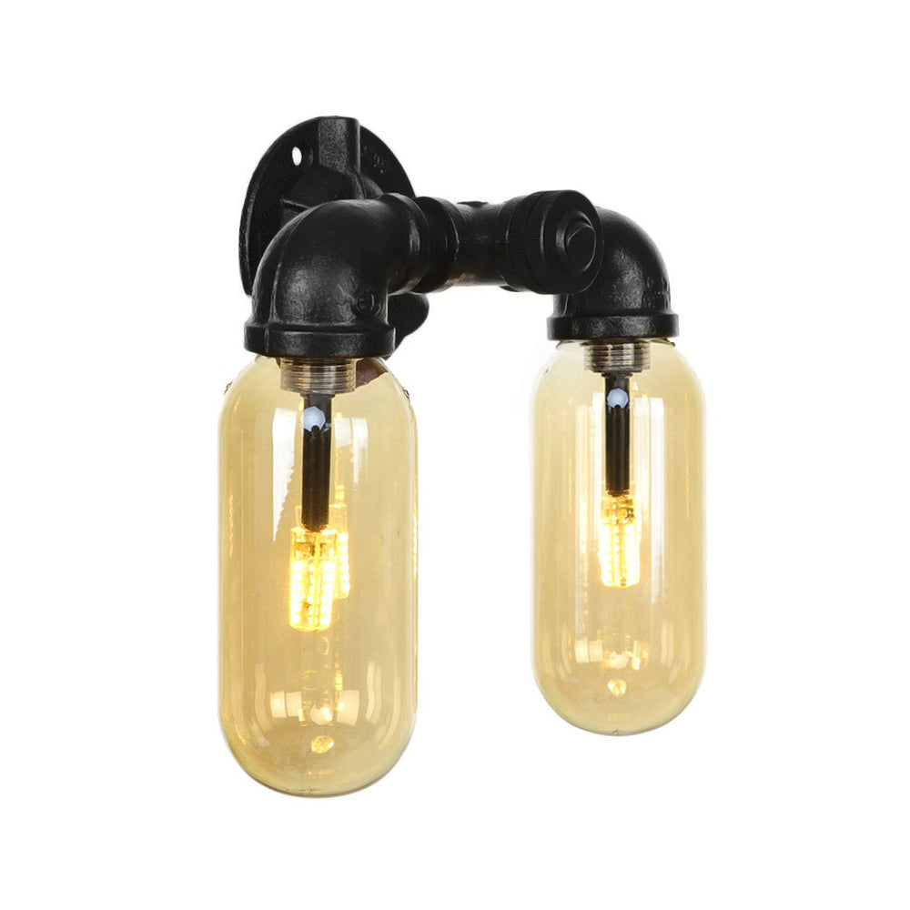 Industrial Amber Glass Black Sconce Light - Wall Mounted Pipe For Living Room