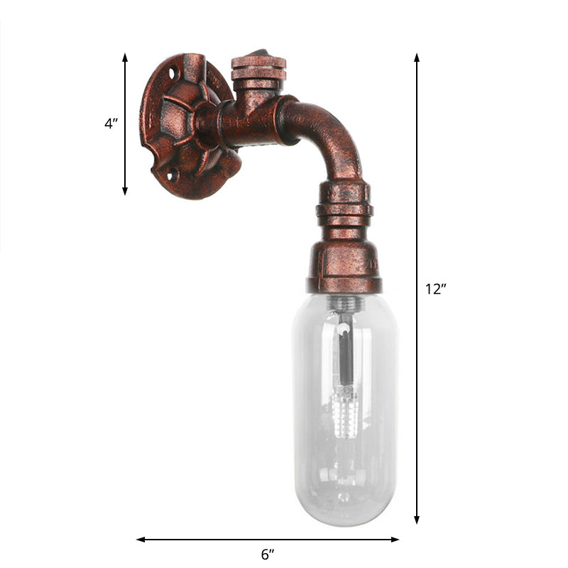 Industrial Pipe Wall Sconce: Clear Glass & Weathered Copper Finish 1-Light Capsule Lighting