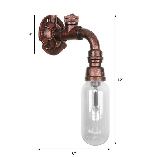 Industrial Pipe Wall Sconce: Clear Glass & Weathered Copper Finish 1-Light Capsule Lighting