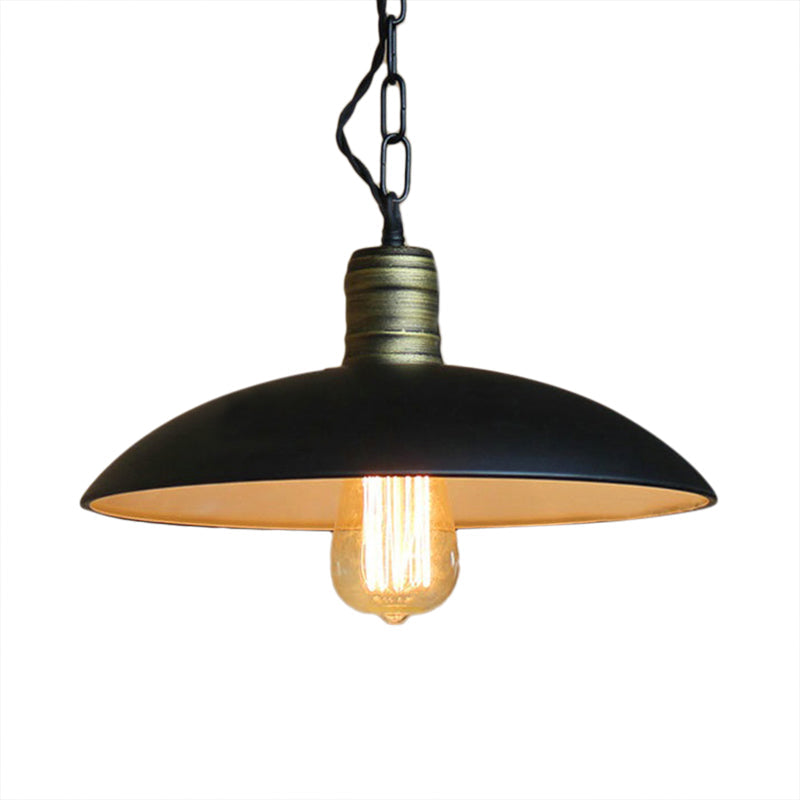 Metallic Black Ceiling Light Bowl Shade - Retro Style With Hanging Chain