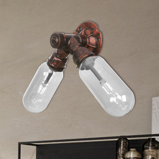 Weathered Copper 2-Light Industrial Sconce With Clear Glass Oval Shade - Wall Lighting Fixture