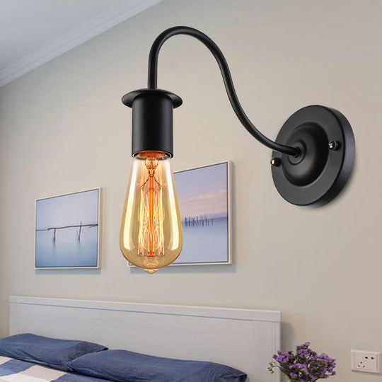 7/11 Dia Vintage Gooseneck Arm Metal Wall Lamp With Bare Bulb In Black