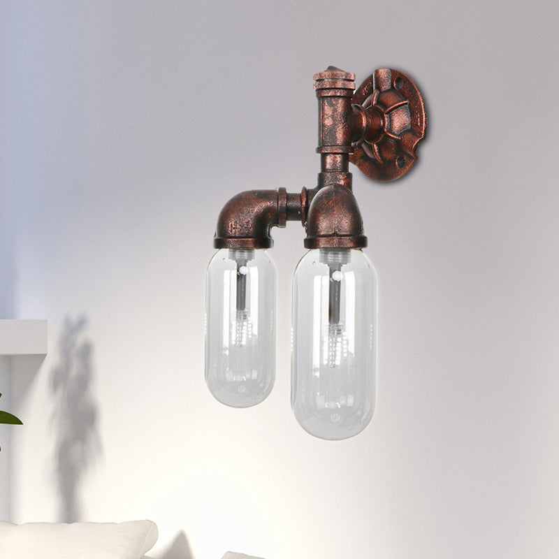 Industrial Weathered Copper Pipe Wall Sconce Lighting - Clear Glass Capsule & 2/4 Lights For Bedroom