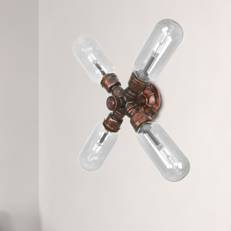 Industrial Weathered Copper Pipe Wall Sconce Lighting - Clear Glass Capsule & 2/4 Lights For Bedroom