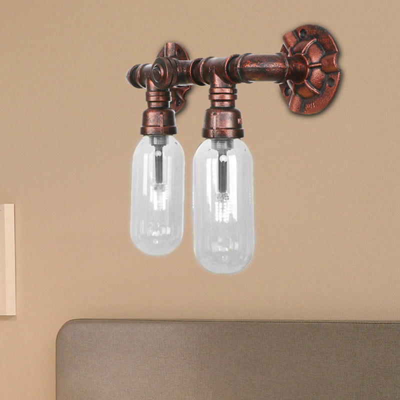 Industrial Weathered Copper Pipe Wall Sconce Lighting - Clear Glass Capsule & 2/4 Lights For Bedroom