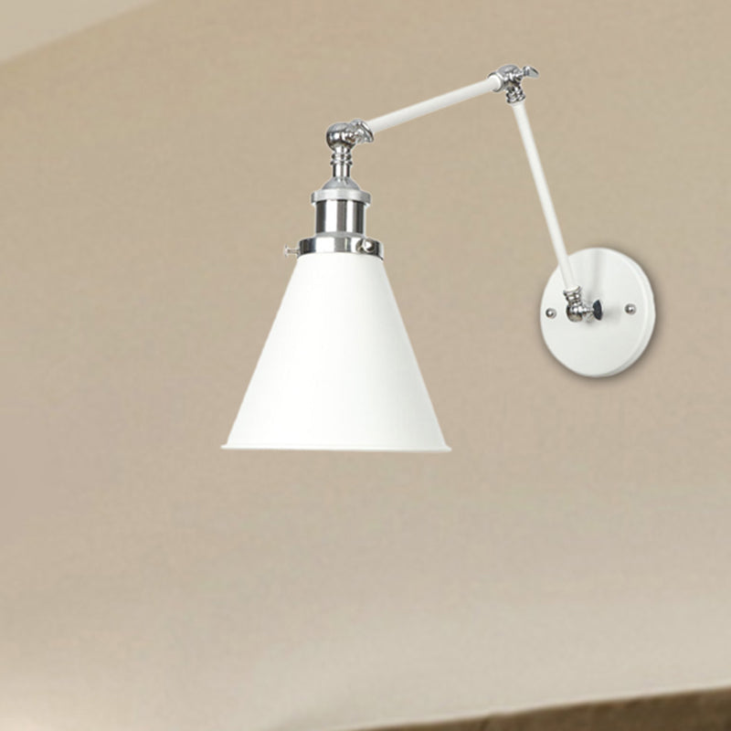 Adjustable Arm Industrial Metal Wall Lamp Lighting With 1 Light Fixture - White Cone/Saucer/Wavy