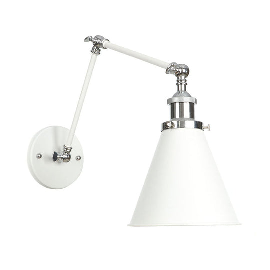 Adjustable Arm Industrial Metal Wall Lamp Lighting With 1 Light Fixture - White Cone/Saucer/Wavy