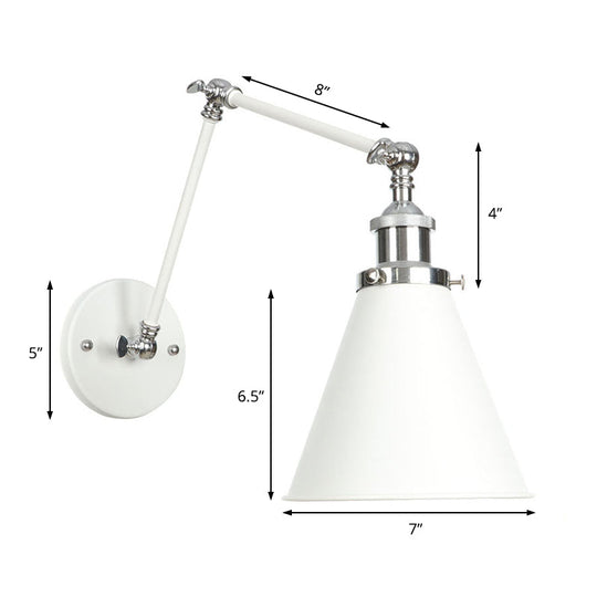 Adjustable Arm Industrial Metal Wall Lamp Lighting With 1 Light Fixture - White Cone/Saucer/Wavy