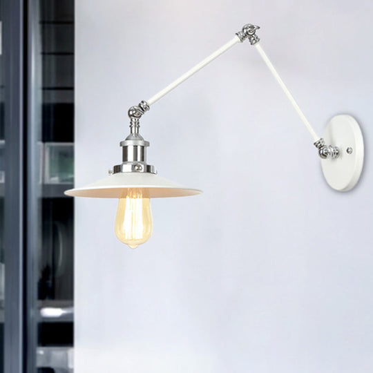 Adjustable Arm Industrial Metal Wall Lamp Lighting With 1 Light Fixture - White Cone/Saucer/Wavy