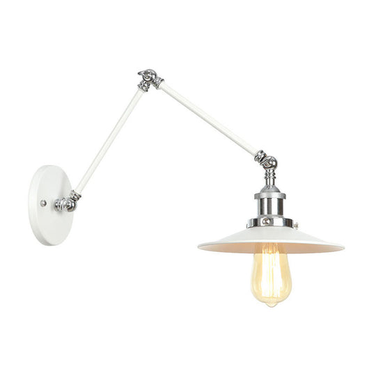 Adjustable Arm Industrial Metal Wall Lamp Lighting With 1 Light Fixture - White Cone/Saucer/Wavy