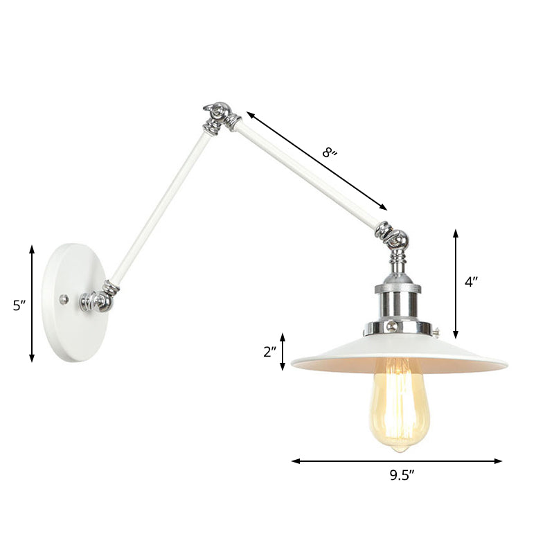 Adjustable Arm Industrial Metal Wall Lamp Lighting With 1 Light Fixture - White Cone/Saucer/Wavy