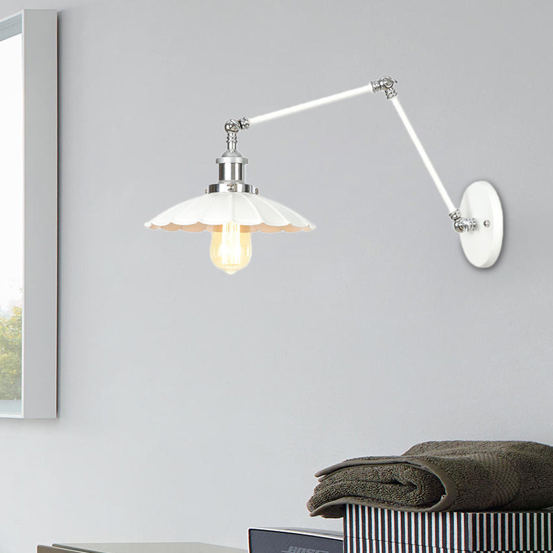 Adjustable Arm Industrial Metal Wall Lamp Lighting With 1 Light Fixture - White Cone/Saucer/Wavy