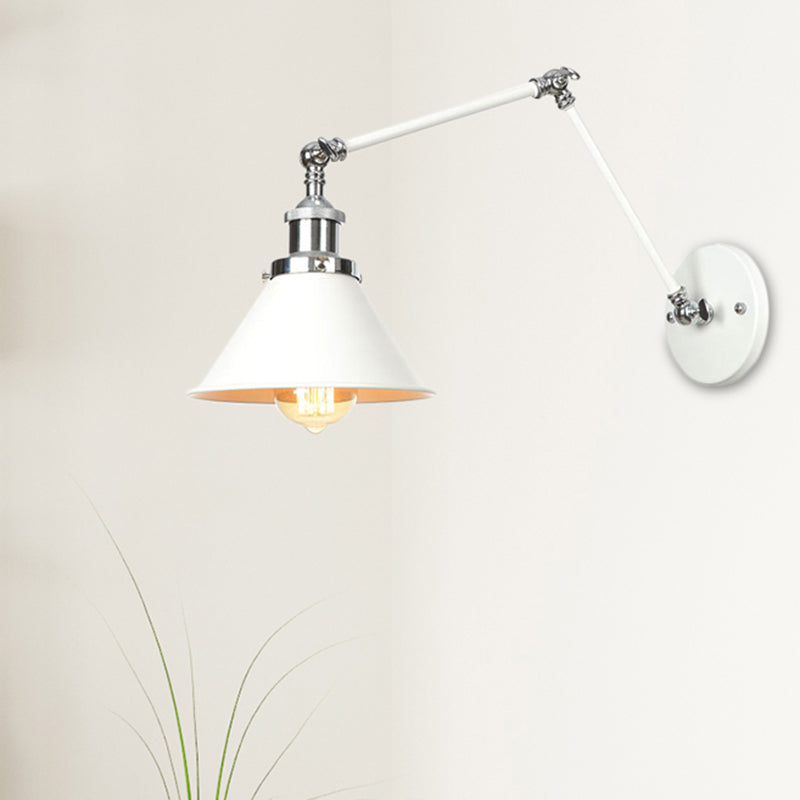 Adjustable Arm Industrial Metal Wall Lamp Lighting With 1 Light Fixture - White Cone/Saucer/Wavy