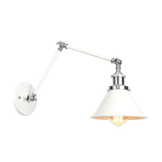 Adjustable Arm Industrial Metal Wall Lamp Lighting With 1 Light Fixture - White Cone/Saucer/Wavy