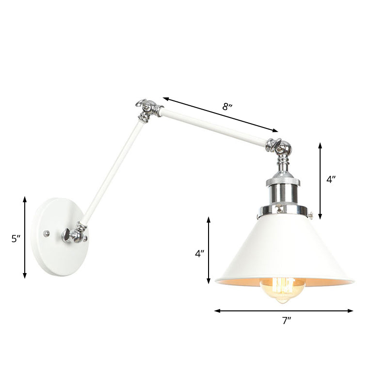 Adjustable Arm Industrial Metal Wall Lamp Lighting With 1 Light Fixture - White Cone/Saucer/Wavy