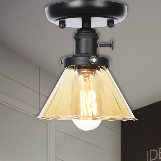 Clear/Amber Glass Semi Flush Mount Ceiling Light for Kitchen - Industrial Cone/Rhombus/Bell Design