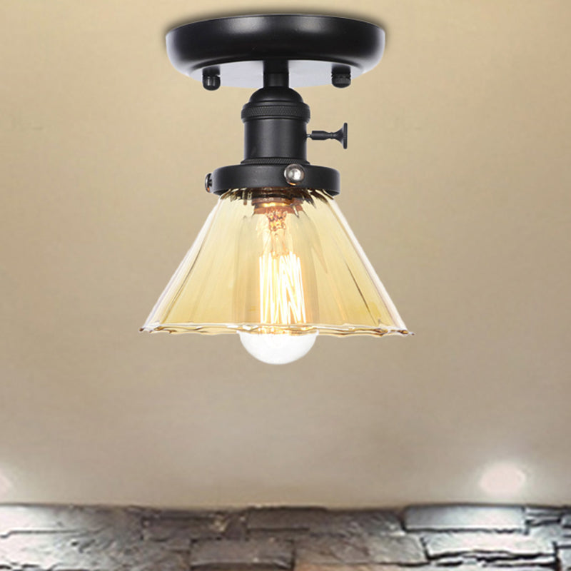 Clear/Amber Glass Semi Flush Mount Ceiling Light for Kitchen - Industrial Cone/Rhombus/Bell Design