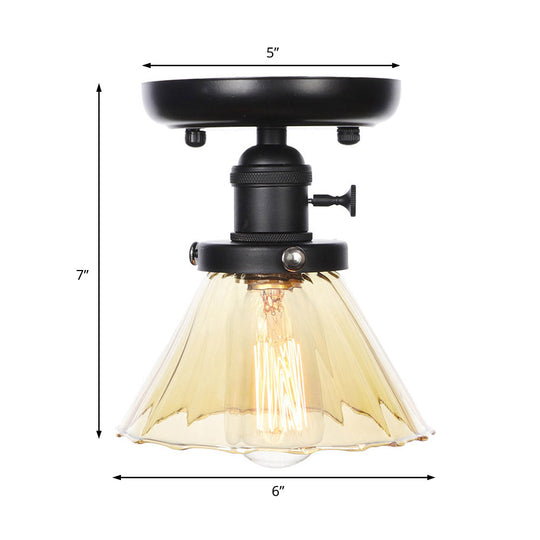 Clear/Amber Glass Semi Flush Mount Ceiling Light for Kitchen - Industrial Cone/Rhombus/Bell Design