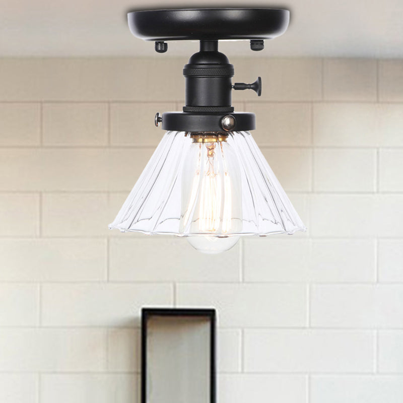 Clear/Amber Glass Semi Flush Mount Ceiling Light for Kitchen - Industrial Cone/Rhombus/Bell Design