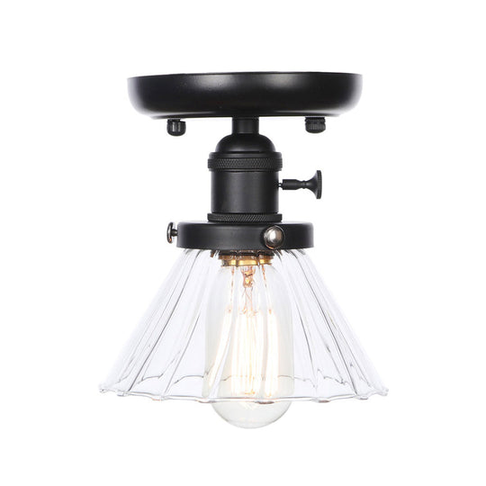 Clear/Amber Glass Semi Flush Mount Ceiling Light For Kitchen - Industrial Cone/Rhombus/Bell Design