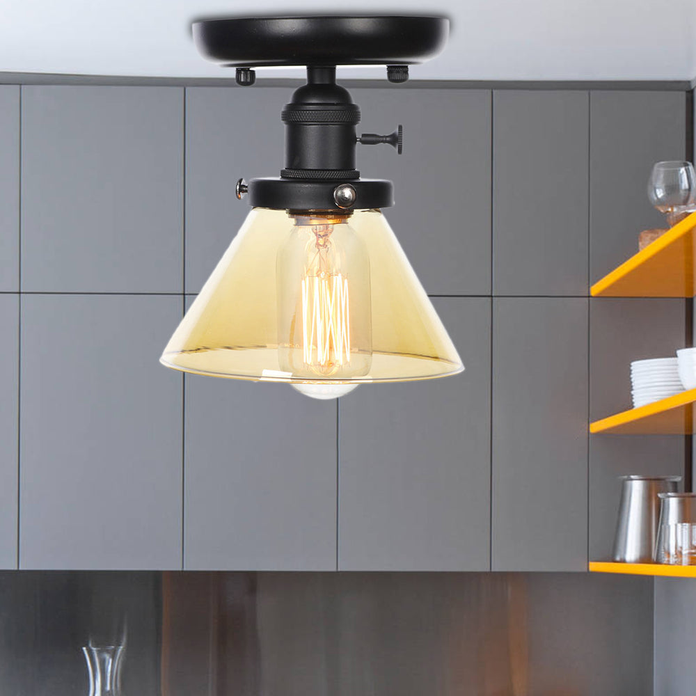 Clear/Amber Glass Semi Flush Mount Ceiling Light for Kitchen - Industrial Cone/Rhombus/Bell Design