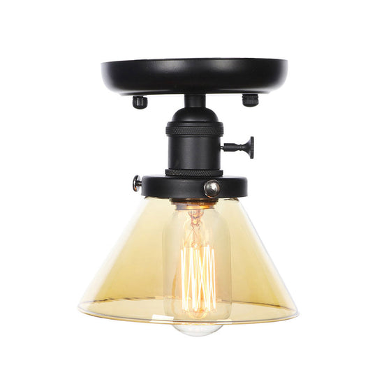 Clear/Amber Glass Semi Flush Mount Ceiling Light for Kitchen - Industrial Cone/Rhombus/Bell Design