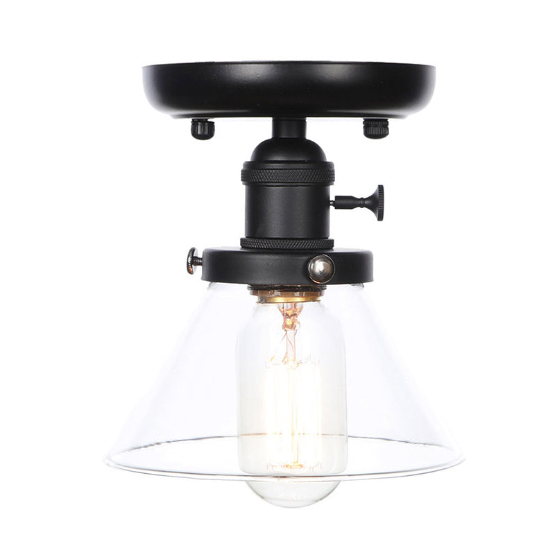 Clear/Amber Glass Semi Flush Mount Ceiling Light for Kitchen - Industrial Cone/Rhombus/Bell Design