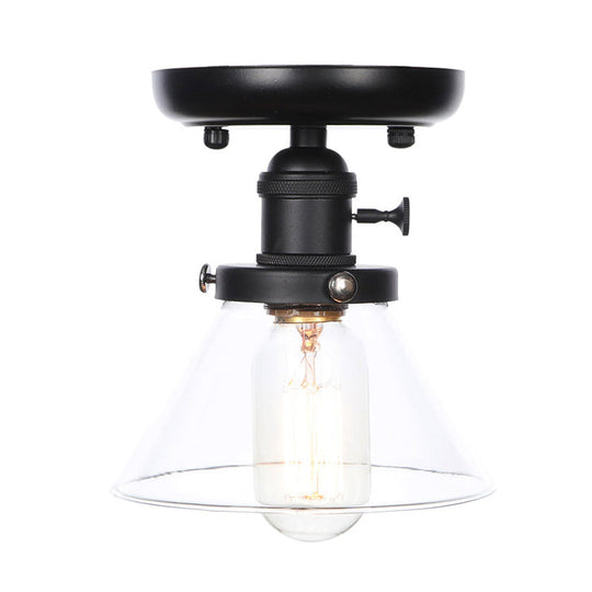 Clear/Amber Glass Semi Flush Mount Ceiling Light For Kitchen - Industrial Cone/Rhombus/Bell Design