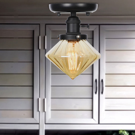 Clear/Amber Glass Semi Flush Mount Ceiling Light for Kitchen - Industrial Cone/Rhombus/Bell Design