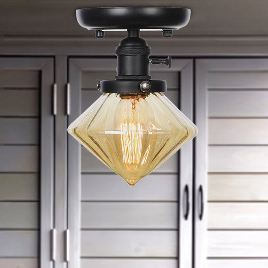 Clear/Amber Glass Semi Flush Mount Ceiling Light for Kitchen - Industrial Cone/Rhombus/Bell Design