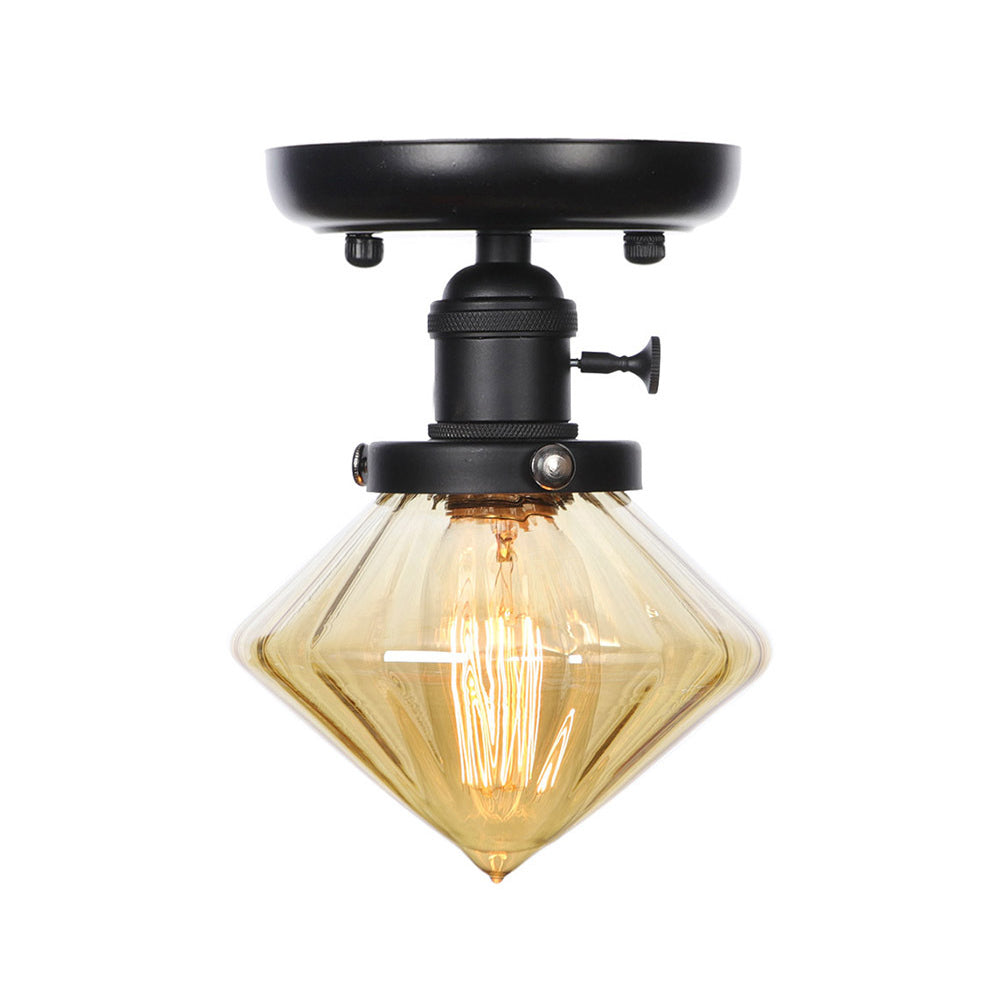 Clear/Amber Glass Semi Flush Mount Ceiling Light for Kitchen - Industrial Cone/Rhombus/Bell Design