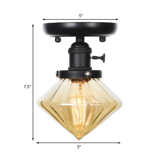 Clear/Amber Glass Semi Flush Mount Ceiling Light for Kitchen - Industrial Cone/Rhombus/Bell Design