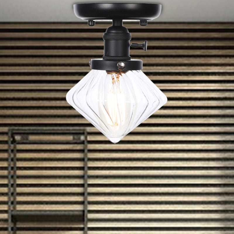 Clear/Amber Glass Semi Flush Mount Ceiling Light for Kitchen - Industrial Cone/Rhombus/Bell Design