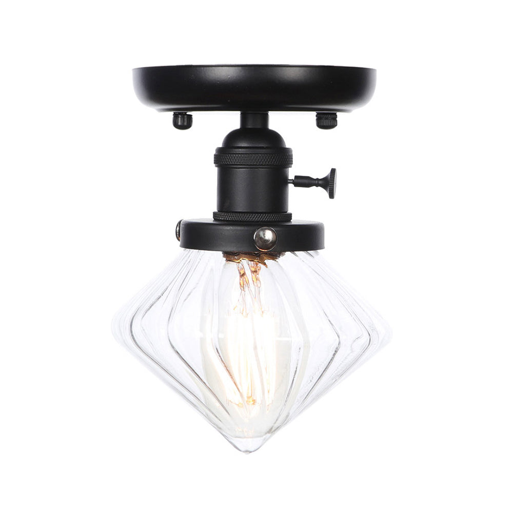 Clear/Amber Glass Semi Flush Mount Ceiling Light for Kitchen - Industrial Cone/Rhombus/Bell Design