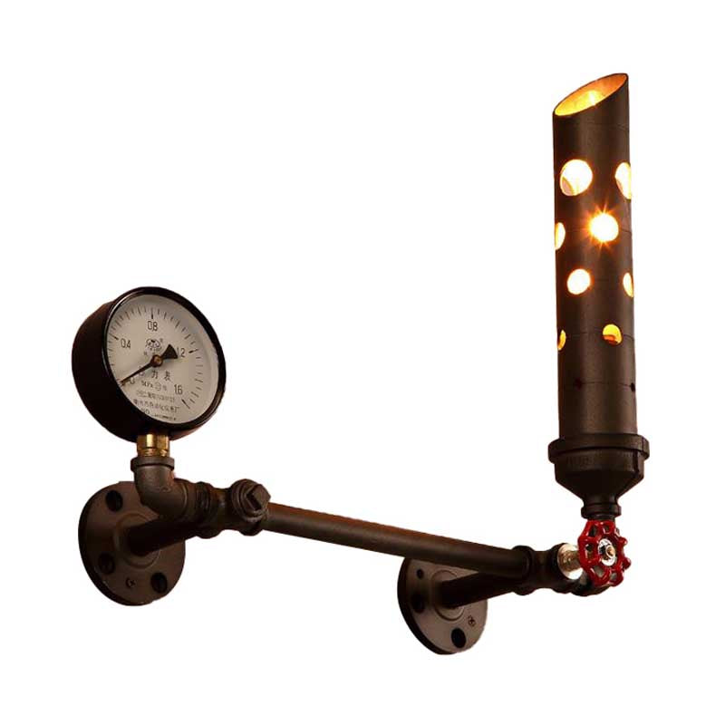 Wrought Iron Tubed Sconce Lighting With Valve And Gauge Vintage Wall Lamp